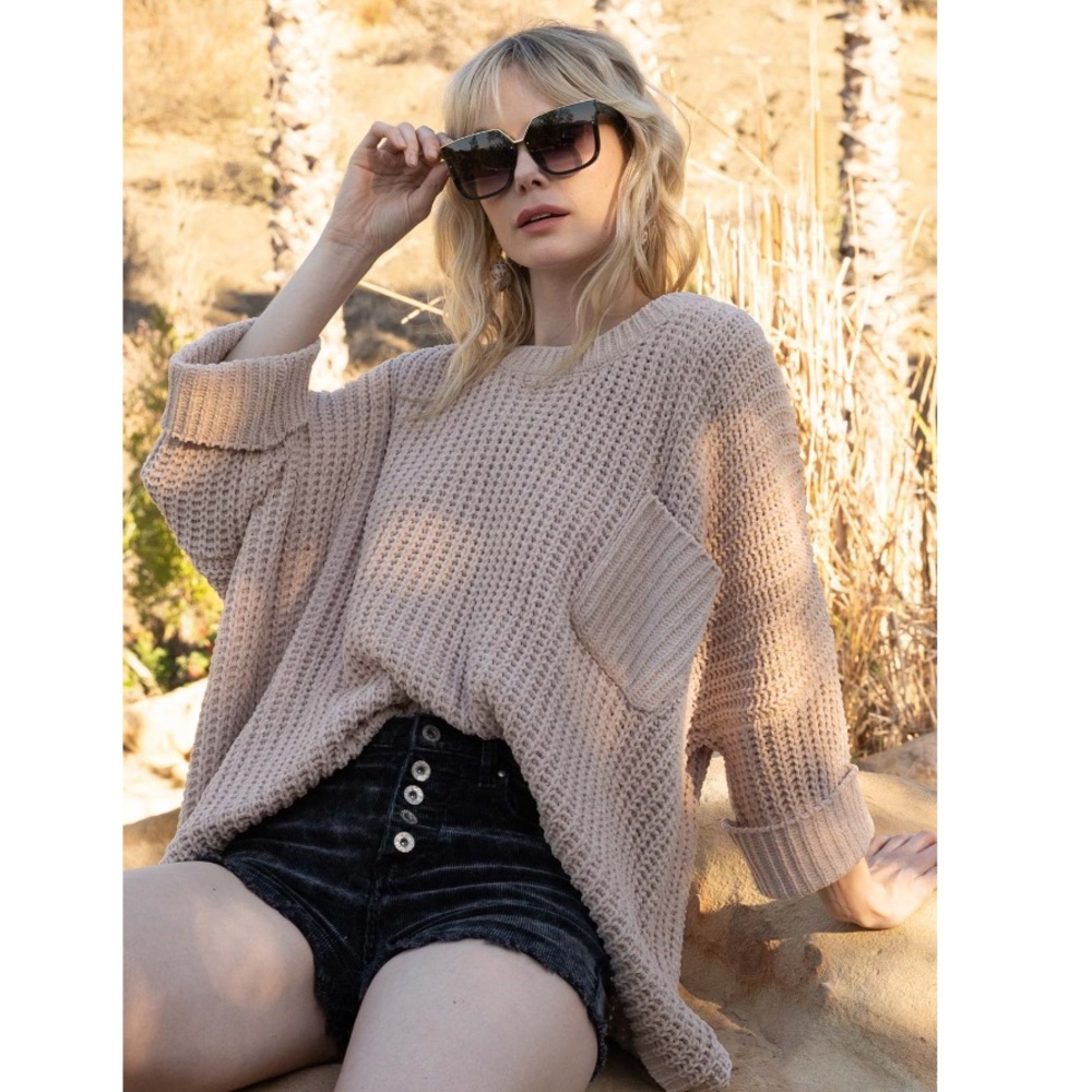 Beige Pocket Chenille Pullover sweater top